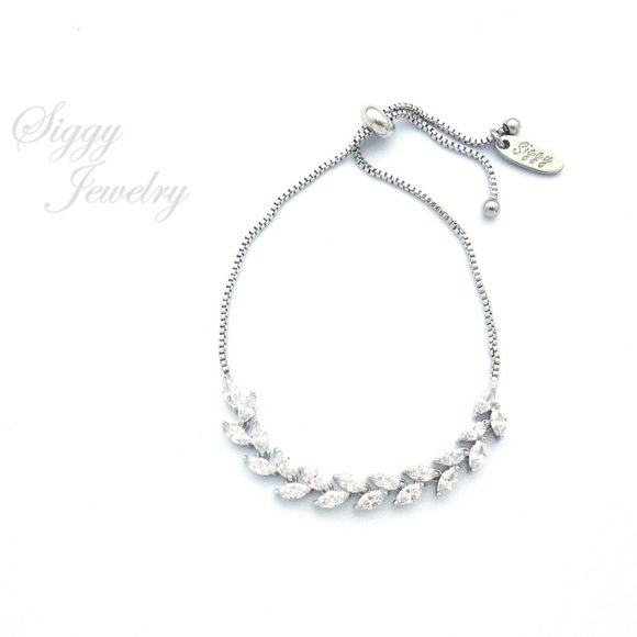 Delicate CZ Leaf Bridal Bolo Adjustable Bracelet - Picture 6 of 8
